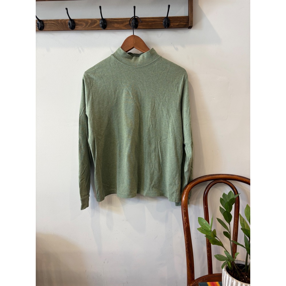 LL Bean Sage Green Mock Neck Cotton Long Sleeve Top